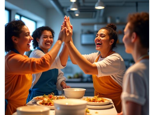 Groupe de collègues souriants, présentant ensemble un plat préparé