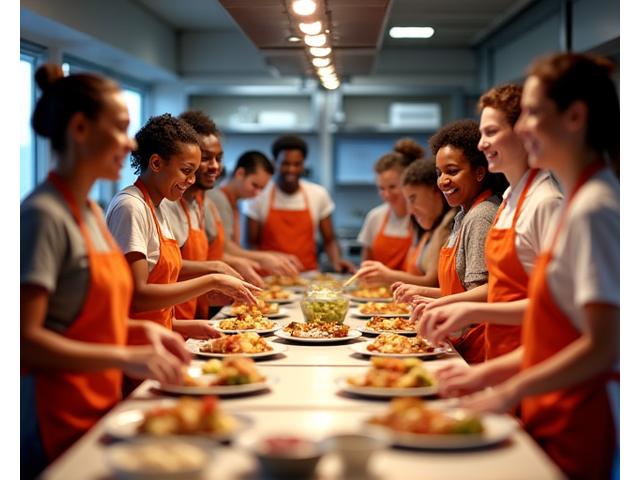 Groupe de collègues cuisinant ensemble, ambiance joyeuse