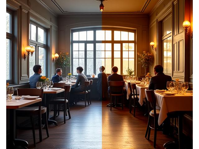 Avant/après d'un bistrot parisien classique transformé en un espace moderne et lumineux