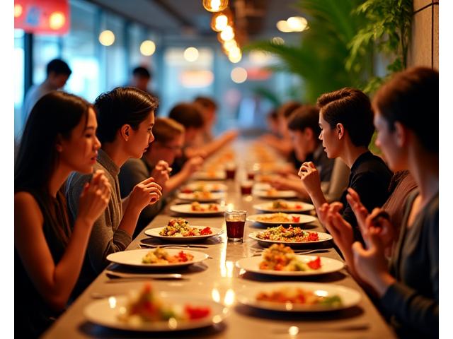 Scène d'un restaurant fusion moderne, avec des clients appréciant des plats créatifs