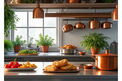 Ambiance d'un atelier culinaire moderne et lumineux chez Lumière Cuisine, avec des ustensiles et ingrédients prêts.