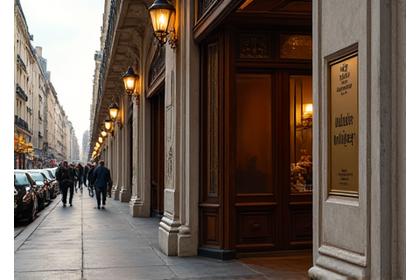 Entrée élégante de l'immeuble Lumière Cuisine, avec des détails architecturaux parisiens.