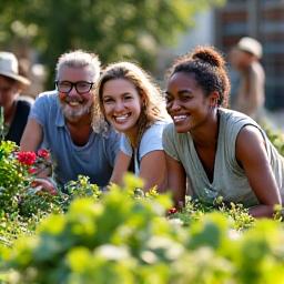Diverse group of people smiling in a community garden, symbolizing social responsibility