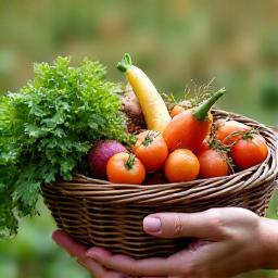 Main holding a basket of freshly harvested local vegetables