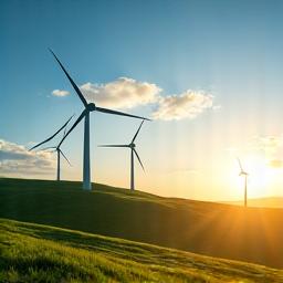 Wind turbines against a sunrise, representing renewable energy