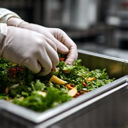 Chef's hands sorting compostable food scraps into a bin, symbolizing zero waste