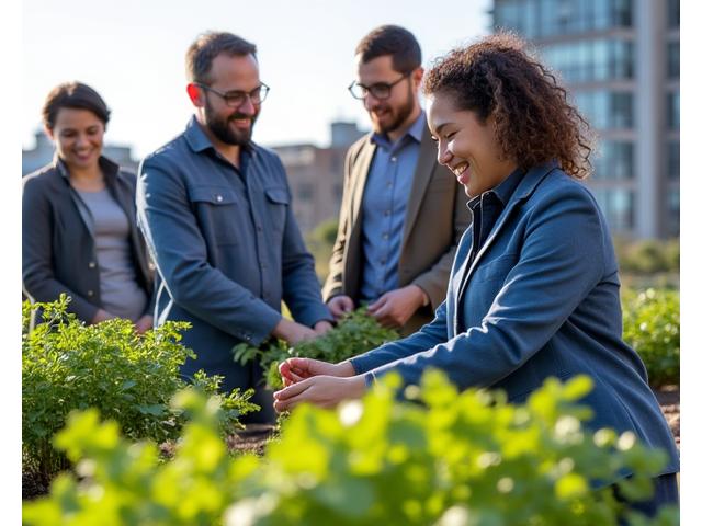 Professionnels en séminaire extérieur, participant à un atelier de jardinage urbain, souriants et engagés.