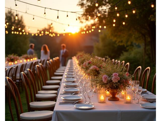 Mariage extérieur avec une décoration florale naturelle et des tables dressées dans un jardin éclairé par des guirlandes lumineuses.