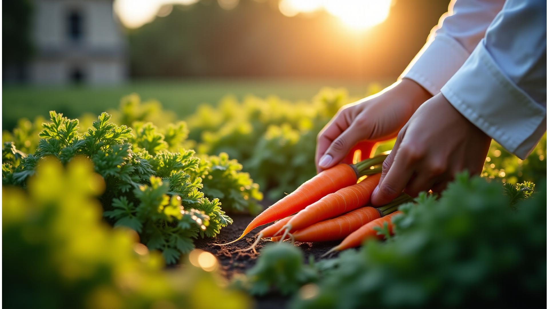Chef inspecting fresh, locally sourced vegetables in a vibrant garden, symbolizing Lumière Cuisine's commitment to sustainable gastronomy.