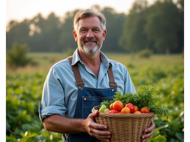 Portrait d'un maraîcher souriant dans son champ de légumes biologiques à Fontainebleau.