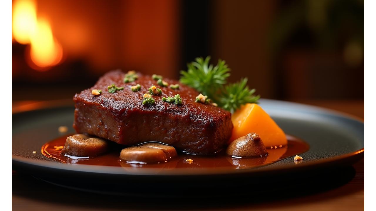 Plat d'automne avec champignons des bois, gibier en sauce et courge rôtie