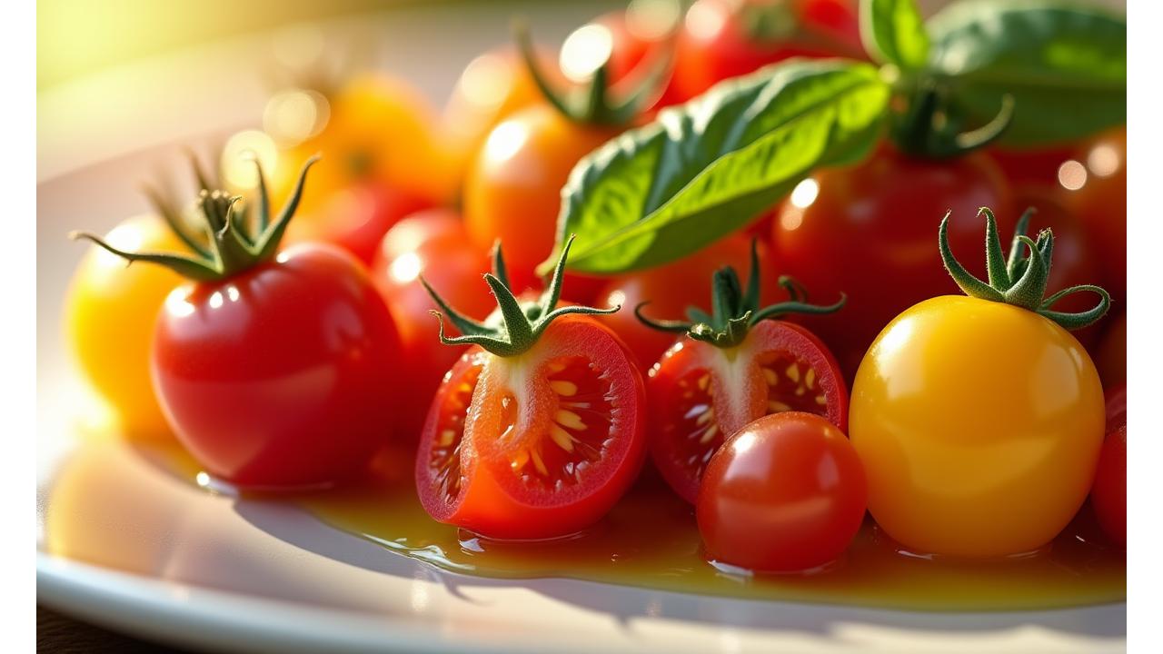 Assiette colorée de légumes d'été frais : tomates anciennes, courgettes fleurs et herbes aromatiques