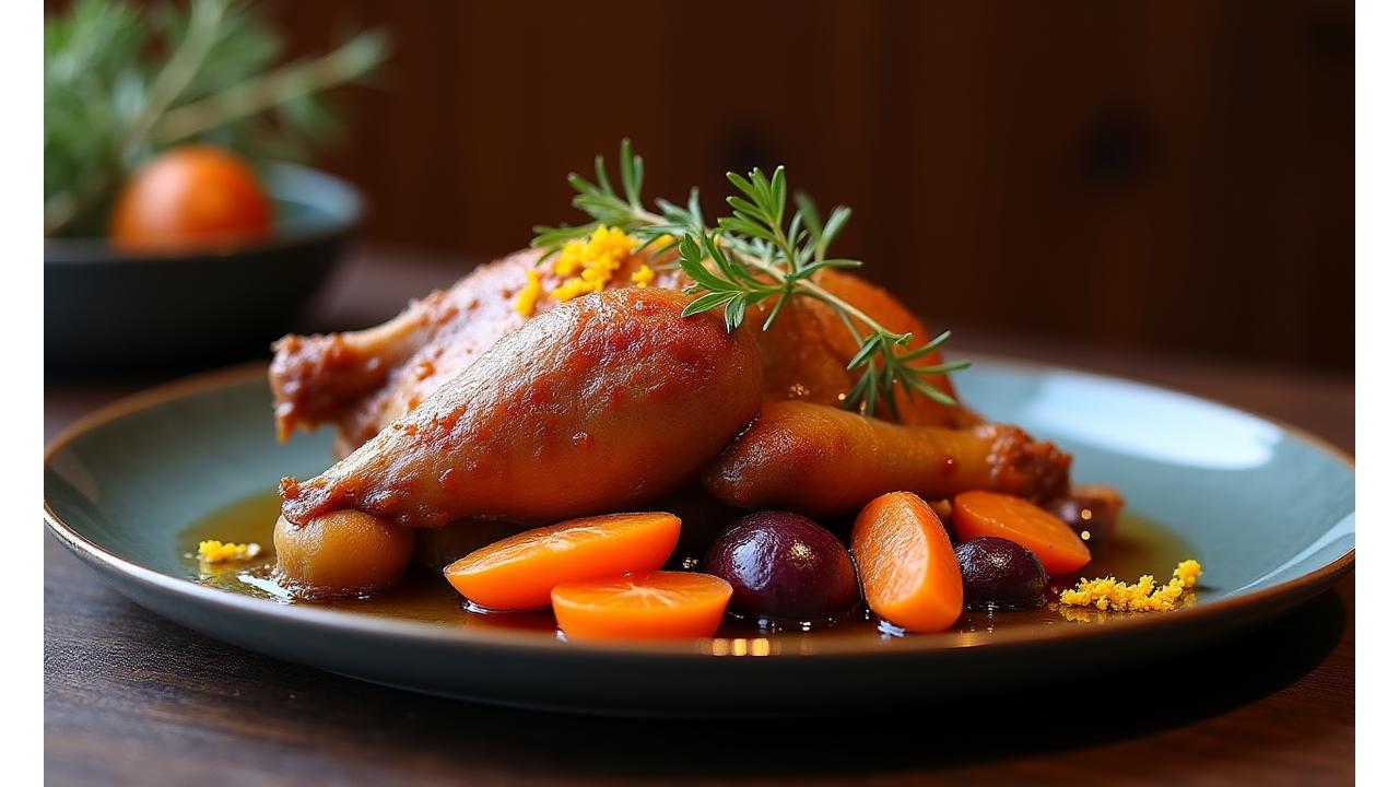 Plat d'hiver chaud et réconfortant avec légumes racines braisés et volaille fermière