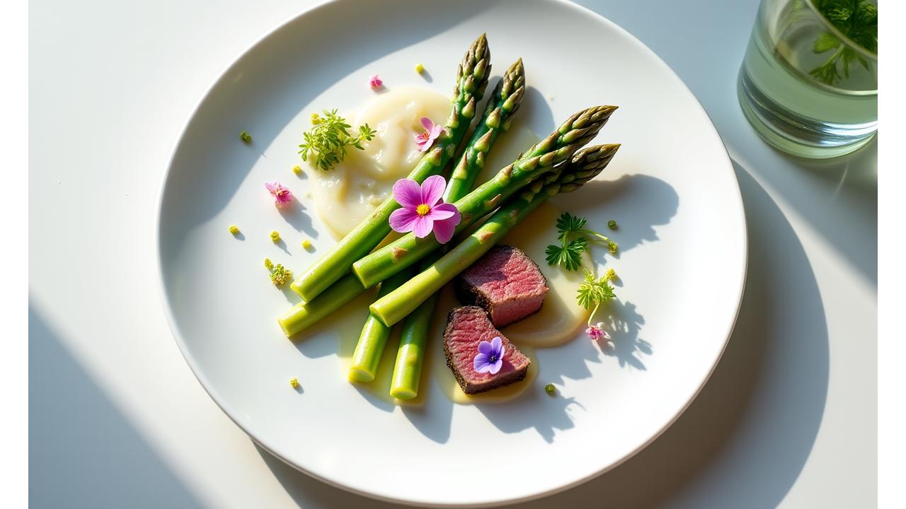 Plat gastronomique printanier avec asperges vertes et fleurs comestibles