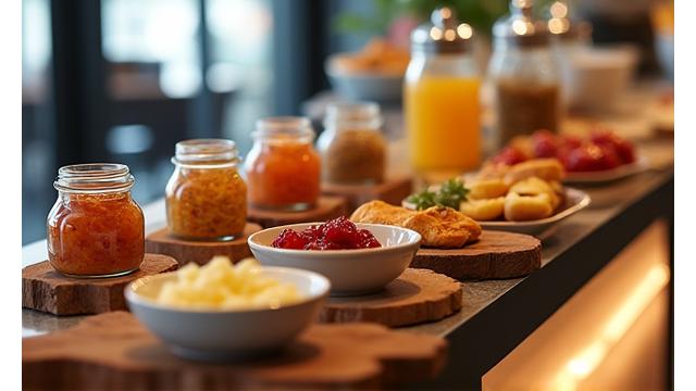 Buffet de petit-déjeuner d'hôtel avec des produits Lumière Cuisine joliment exposés.