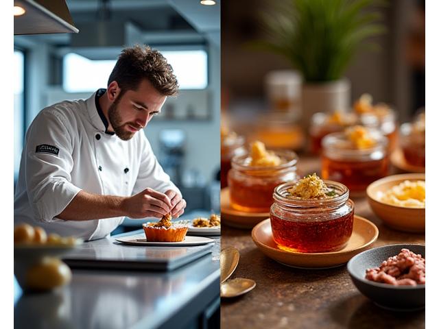 Laboratoire culinaire moderne de Lumière Cuisine avec chef préparant une dégustation, produits finis d'un côté.
