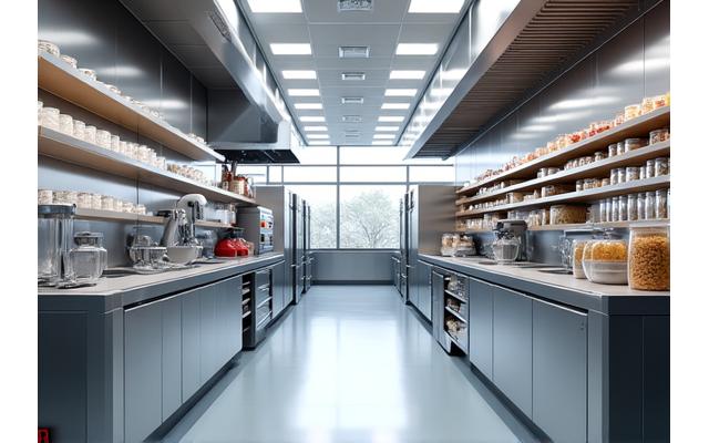 Vue panoramique de l'intérieur du laboratoire culinaire Lumière Cuisine, équipements high-tech.