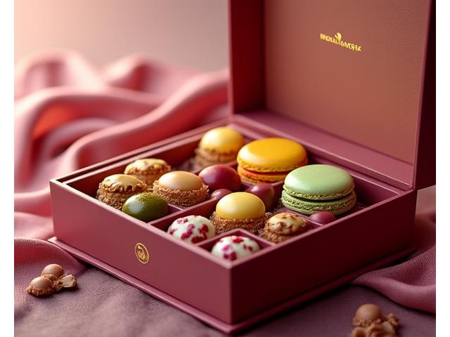 Boîte ouverte de macarons aux couleurs vives et petits financiers Lumière Cuisine.