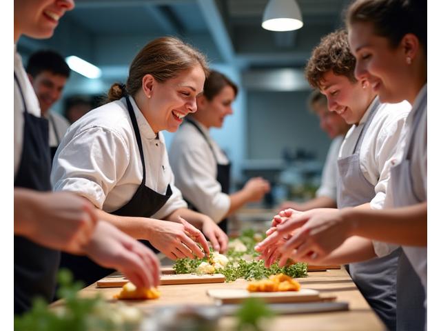 Participants à un atelier culinaire apprenant à préparer un plat sous la supervision d'un chef