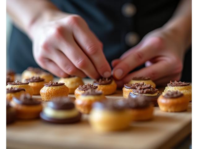 Main d'artisan plaçant une patisserie délicate sur un présentoir