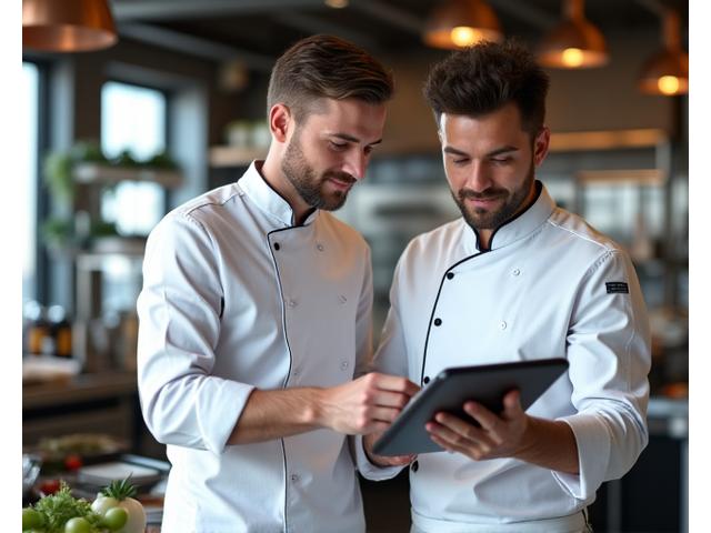 Chef discutant avec un consultant en restaurant dans une cuisine professionnelle