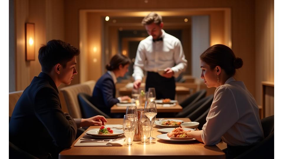 Intérieur d'un restaurant gastronomique élégant avec des clients appréciant le dîner