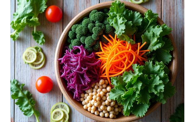 Aliments fermentés et légumes verts pour soutenir le bien-être digestif et le microbiote.