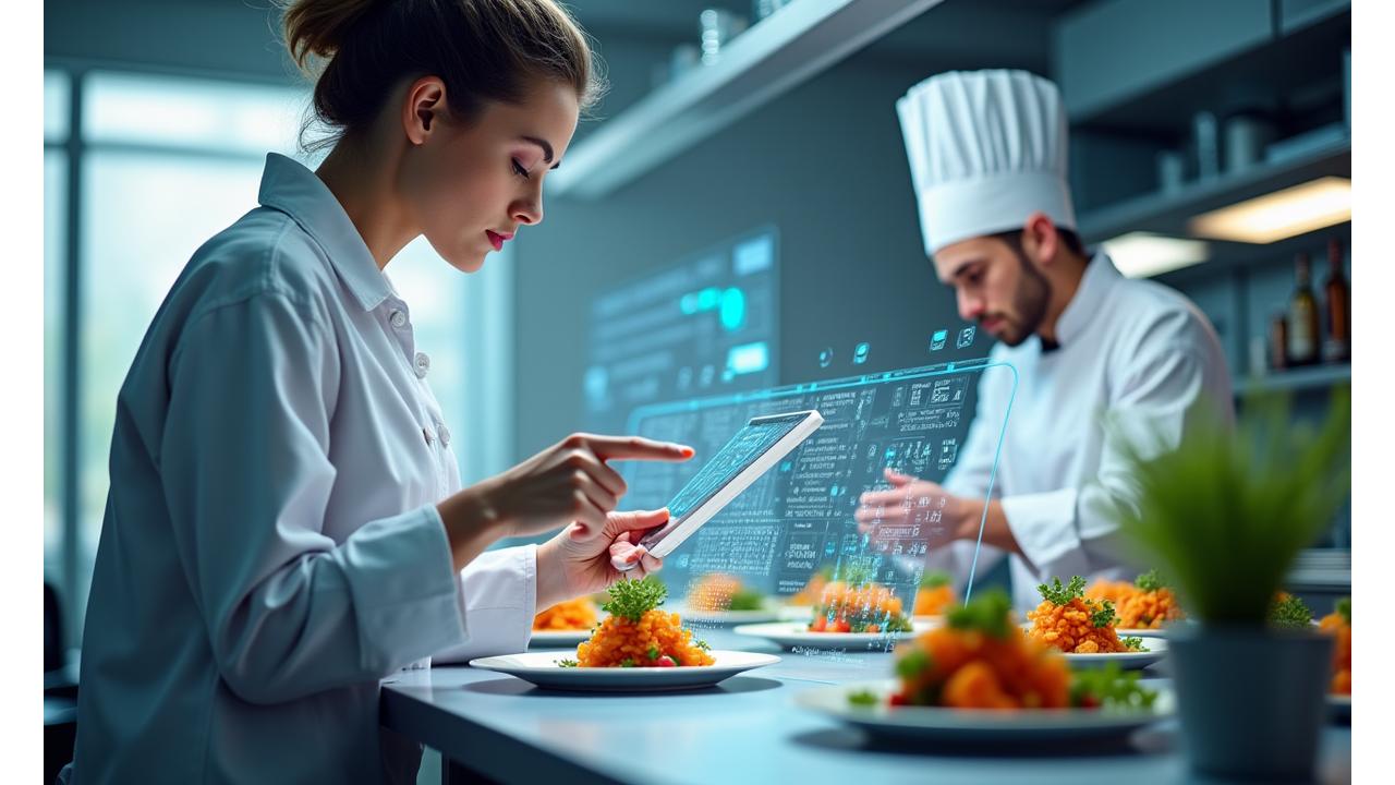 Laboratoire culinaire high-tech avec chef et nutritionnistes analysant des données.