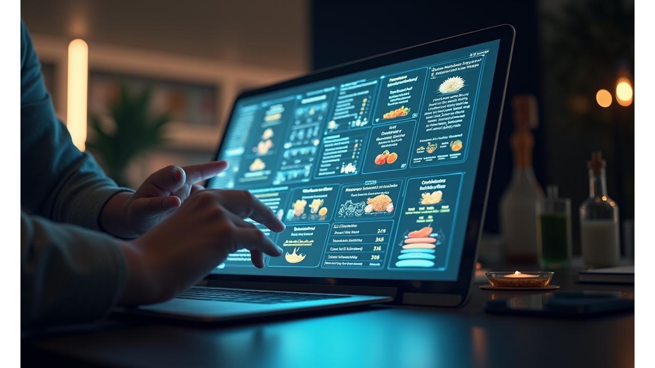 Interface utilisateur d'une application de planification nutritionnelle avec des graphiques clairs et menus intégrés.
