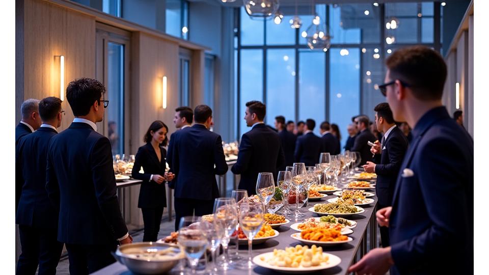 Réception d'entreprise chic avec des invités en tenue de soirée et un buffet sophistiqué