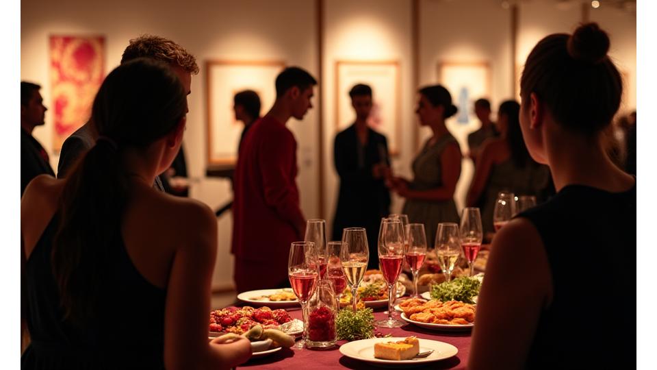 Vernissage d'art élégant avec des invités discutant et dégustant des canapés préparés par un traiteur