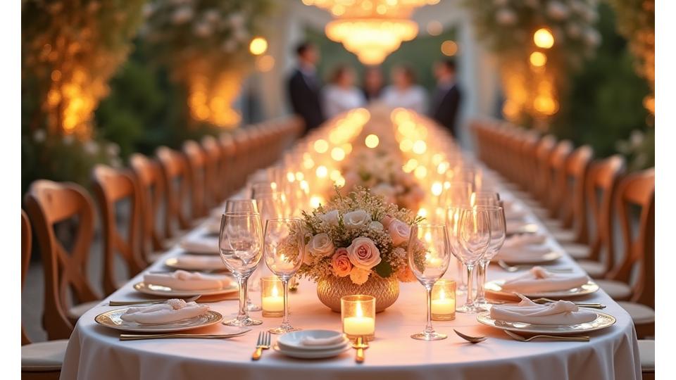 Table de mariage élégamment dressée avec des fleurs et des bougies, fond flou d'invités