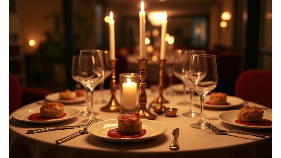 Dîner privé intime avec des chandelles et une table joliment dressée dans un appartement parisien