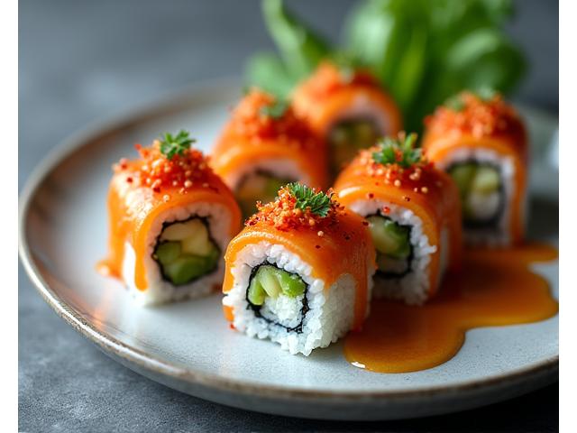 Plat de cuisine du monde fusion : rouleaux de printemps raffinés avec sauces exotiques
