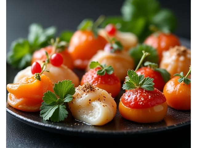 Assortiment de pièces cocktail gastronomiques aux couleurs vives et textures variées
