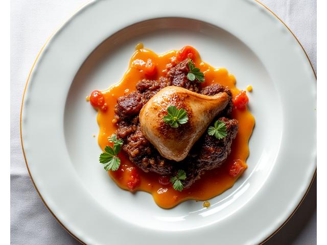 Plat gastronomique français revisité : canard confit avec une garniture moderne et colorée