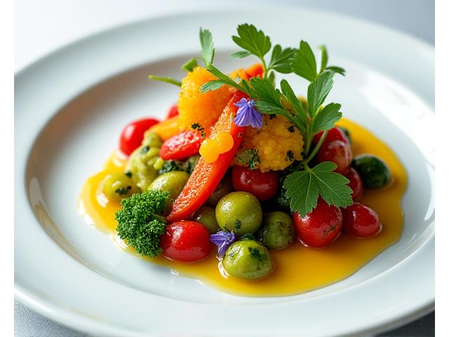 Plat végétarien gastronomique avec légumes colorés et dressage artistique