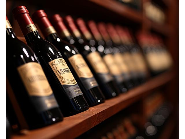 Détail de bouteilles de vin rares dans une cave à vins de luxe avec éclairage doux