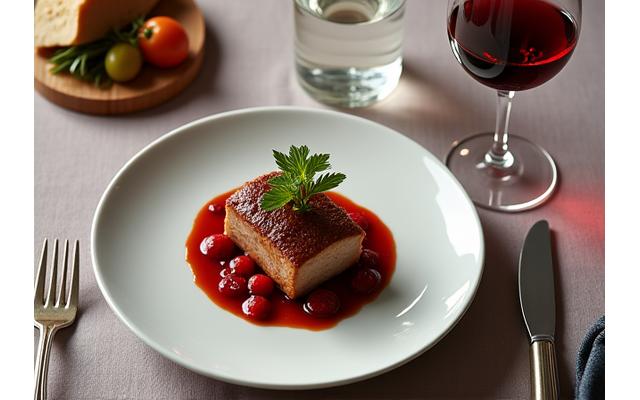 Un sommelier versant du vin dans un verre, avec un plat gastronomique appétissant en arrière-plan flou