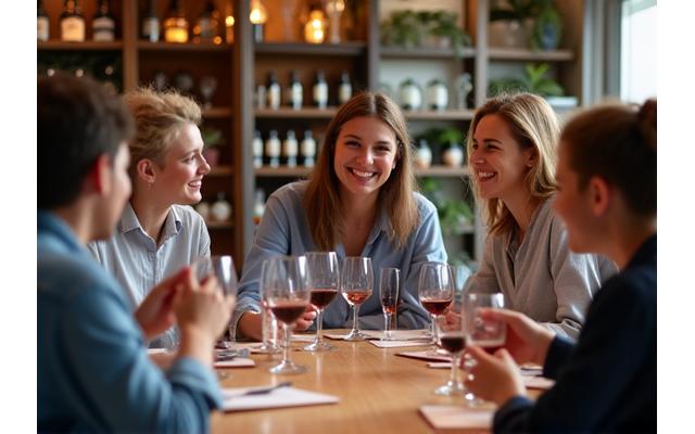 Groupe d'amis apprenant à déguster du vin dans un atelier convivial