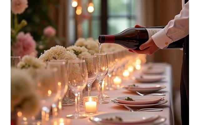 Table de mariage élégamment décorée avec des verres de vin et un sommelier en arrière-plan