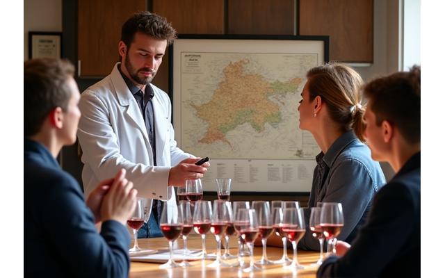 Un sommelier montrant des cartes viticoles détaillées à des élèves avancés