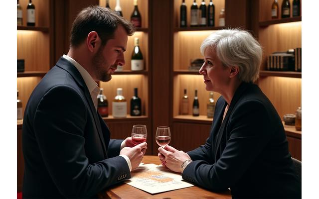 Un sommelier discutant avec un client dans une librairie de vins, personnalisant une recommandation