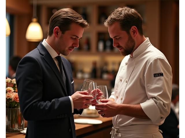 Chef et sommelier discutant ensemble de la carte des vins dans un restaurant gastronomique