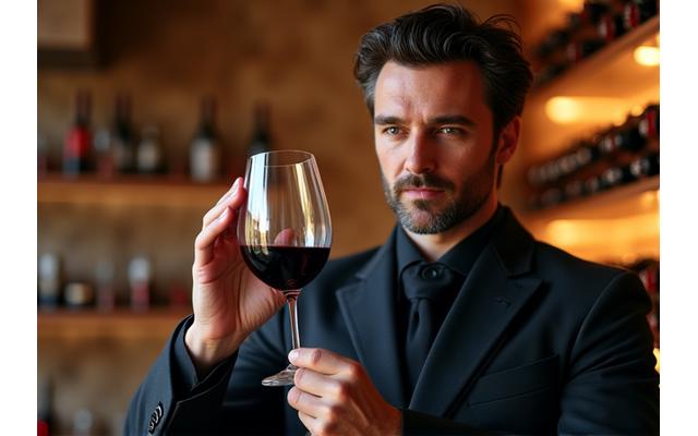 Un sommelier expert dégustant un vin rouge dans une cave voûtée, symbolisant la concentration et l'expertise