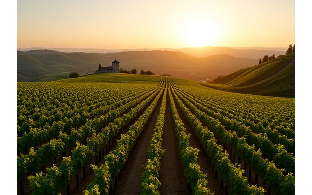 Vue aérienne d'un vignoble français luxuriant au lever du soleil