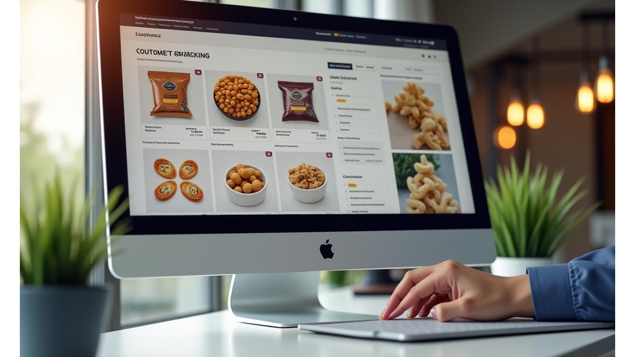 Interface de commande B2B élégante affichant le catalogue de snacks fusion