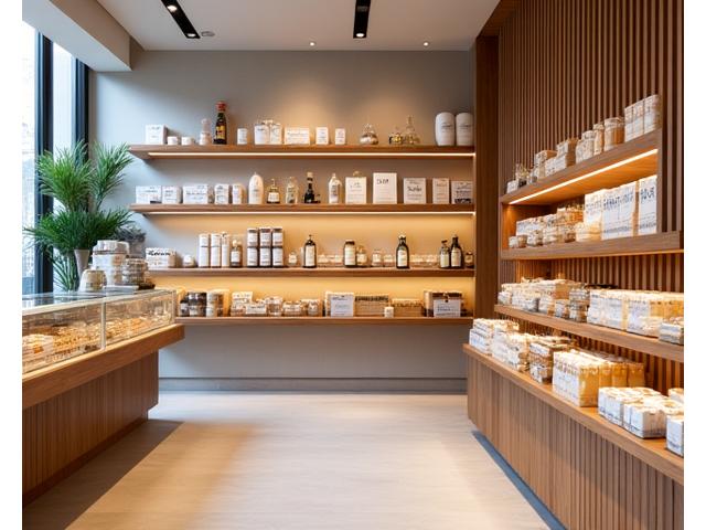 Intérieur d'un concept store parisien élégant avec des produits gourmands