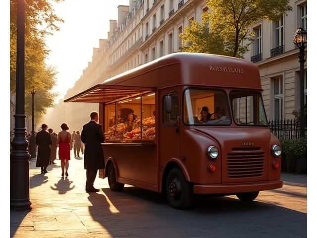 Food truck parisien stylisé avec les snacks Lumière Cuisine en vente